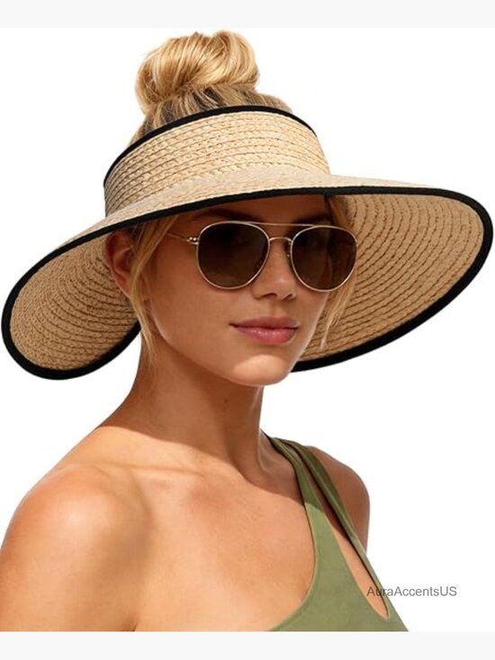 Wide Brim Raffia Straw Ponytail Sun Hat UPF 80+ Packable Beach Visor main image 6
